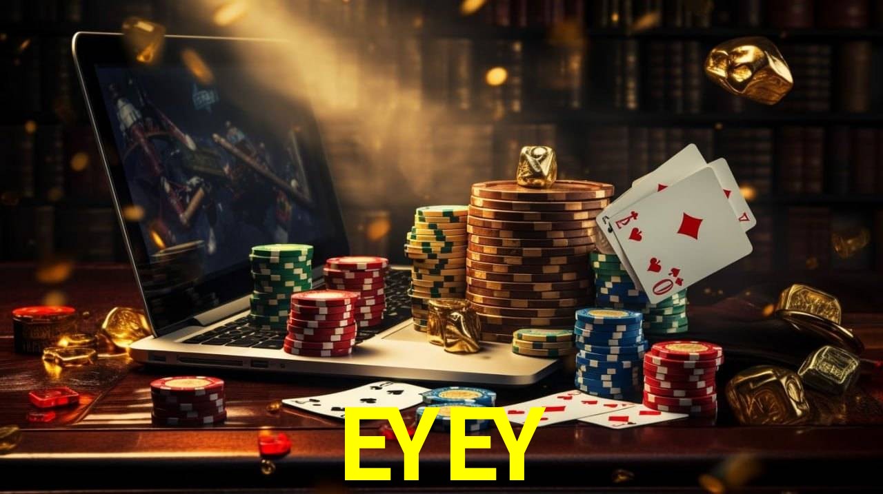 Escena dinámica inspirada en casino con iluminación EYEY, cartas, fichas e íconos de juegos digitales en un espacio moderno de juegos.