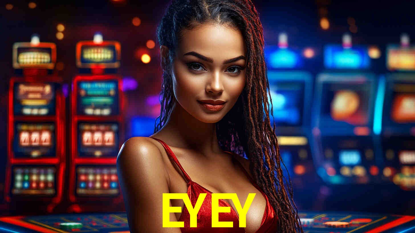 Una escena digital vívida inspirada en casino con EYEY mostrado prominentemente, luces brillantes, fichas, cartas y acentos dorados.